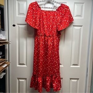 SHEIN Red Ditsy Floral Midi Dress Flutter Sleeves And Ruffled Hem Size 1X